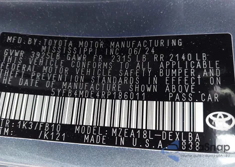 2024 Toyota Corolla Le from USA, damaged, VIN 5YFB4MDE4RP186011